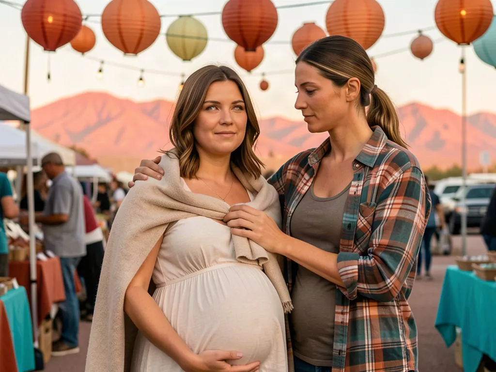 A doula wrapping a shawl around an expectant mom at an Albuquerque market with the Sandia Mountains behind them