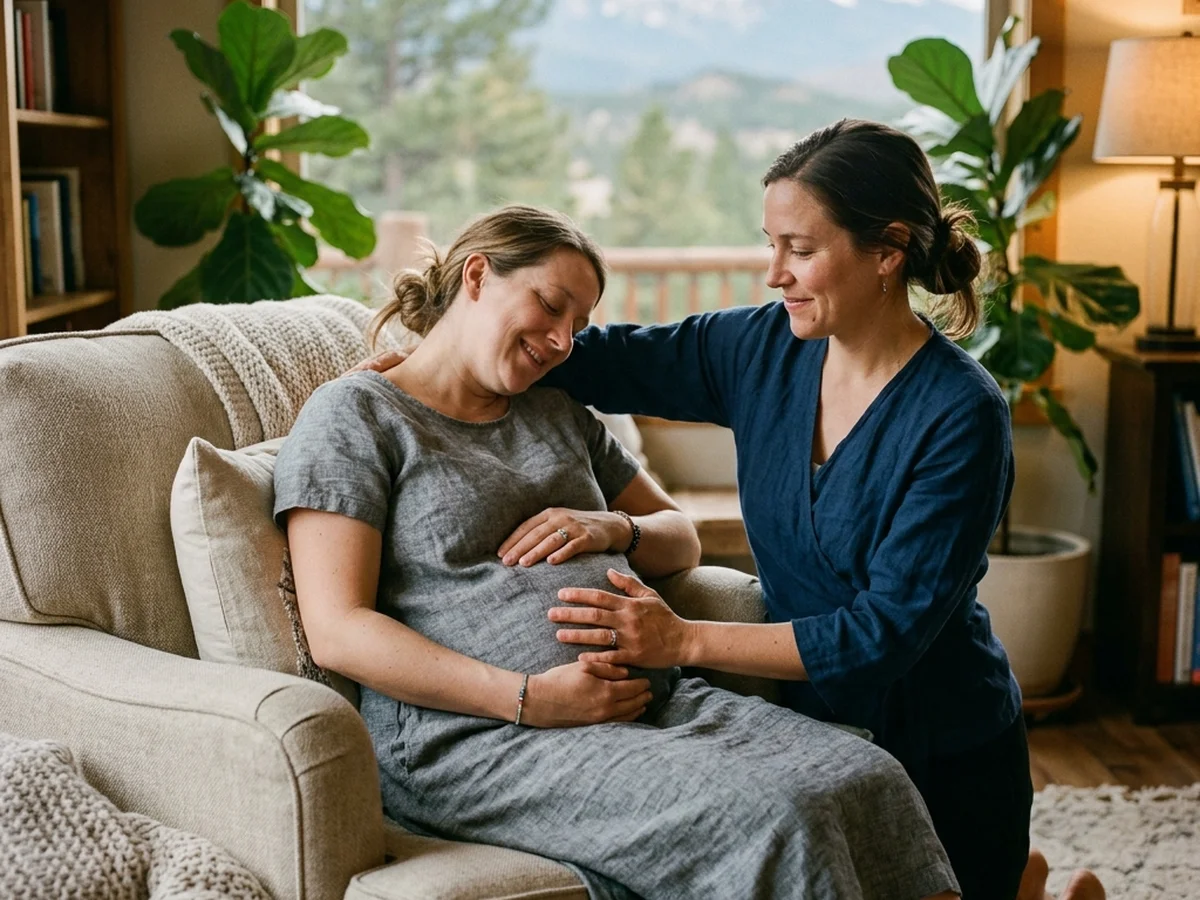 A doula supporting a pregnant woman during labor in Arvada, Colorado