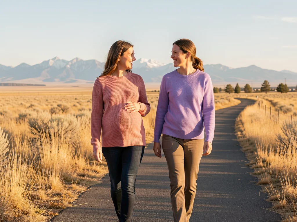 A doula walking with an expectant mom along a prairie trail near Aurora, Colorado with the Rocky Mountain Front Range in the distance