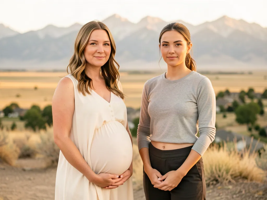 A doula and an expectant mom at a plains overlook with the Rocky Mountain front range behind them