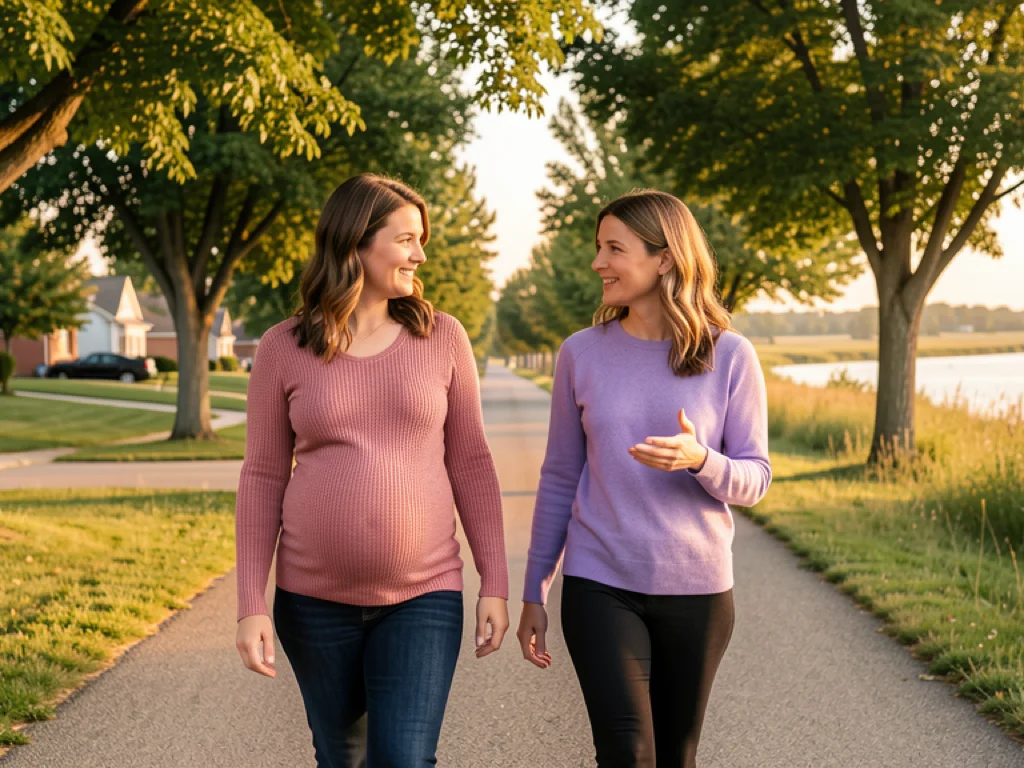 A doula walking alongside a pregnant mom in Aurora with Fox River prairie landscape