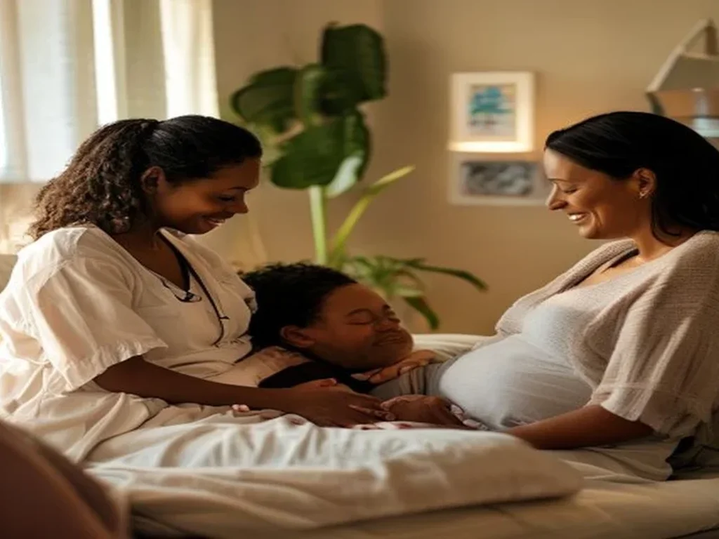 A doula walking alongside an expectant mom, offering continuous labor support