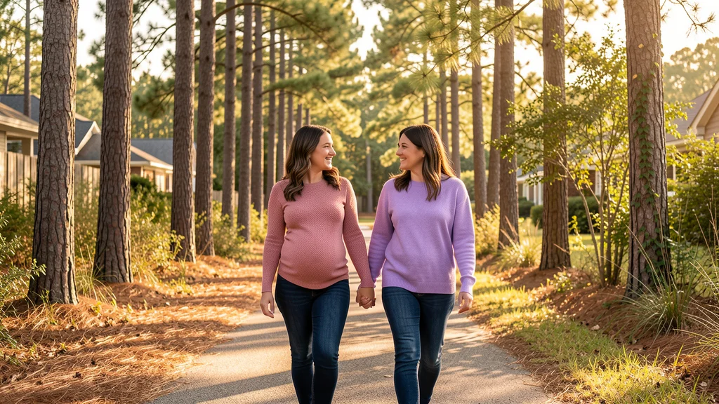 Two women walking side by side in Beaumont with East Texas pine trees in the distance