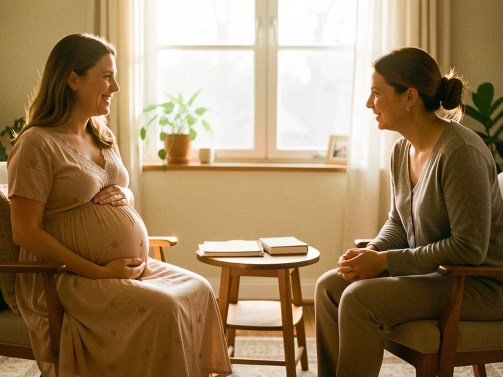 A doula providing gentle support to an expectant mother in Beaumont, Texas