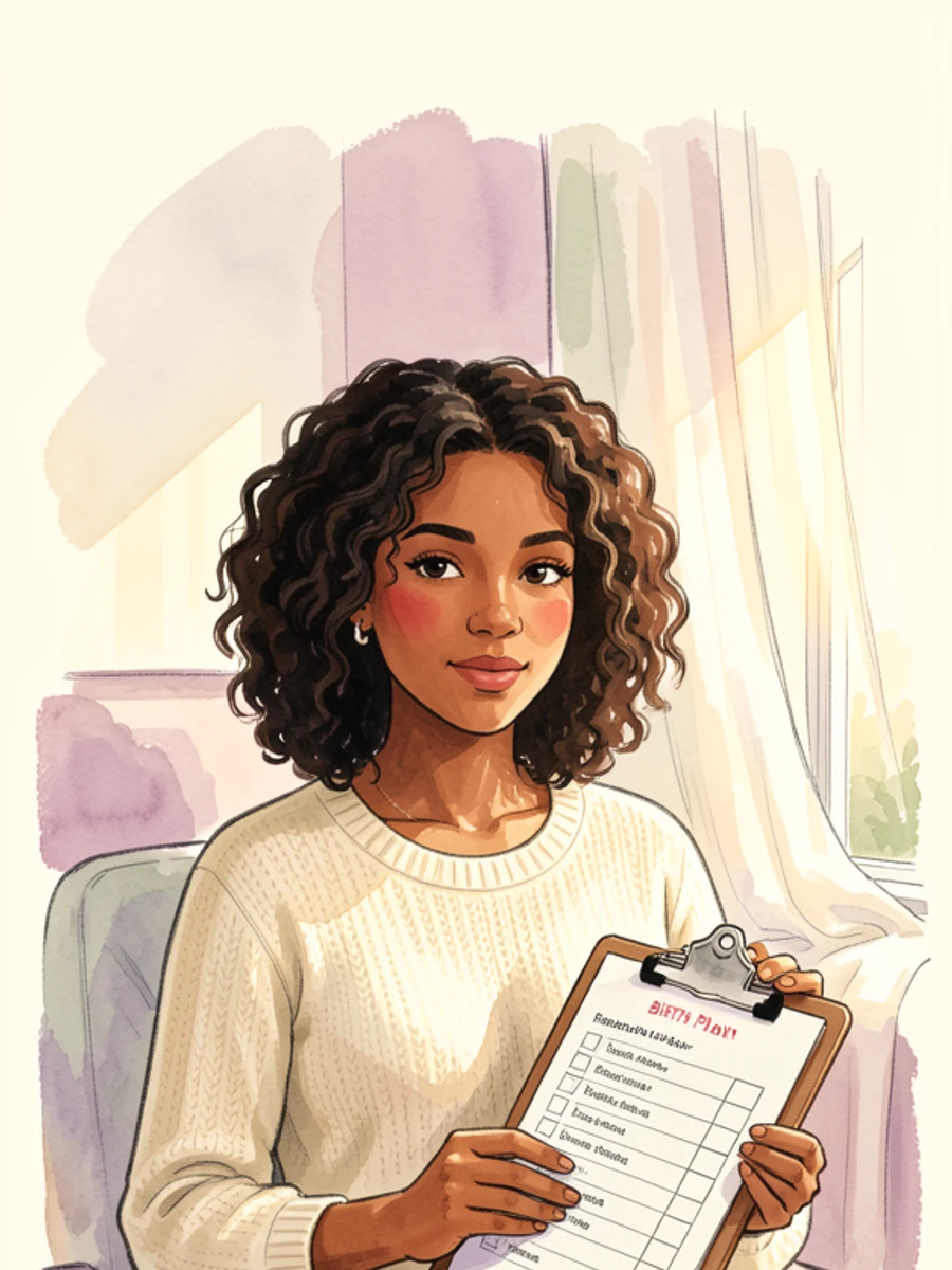 A warm editorial illustration of a doula holding a clipboard labeled BIRTH PLAN with checkboxes, ready to help you think through each preference
