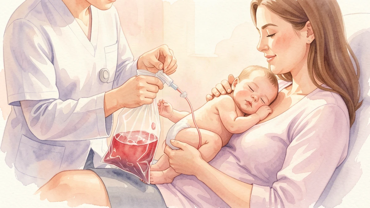 Cord blood collection process, healthcare provider drawing blood from umbilical vein into collection bag, soft watercolor illustration in cream and lavender tones