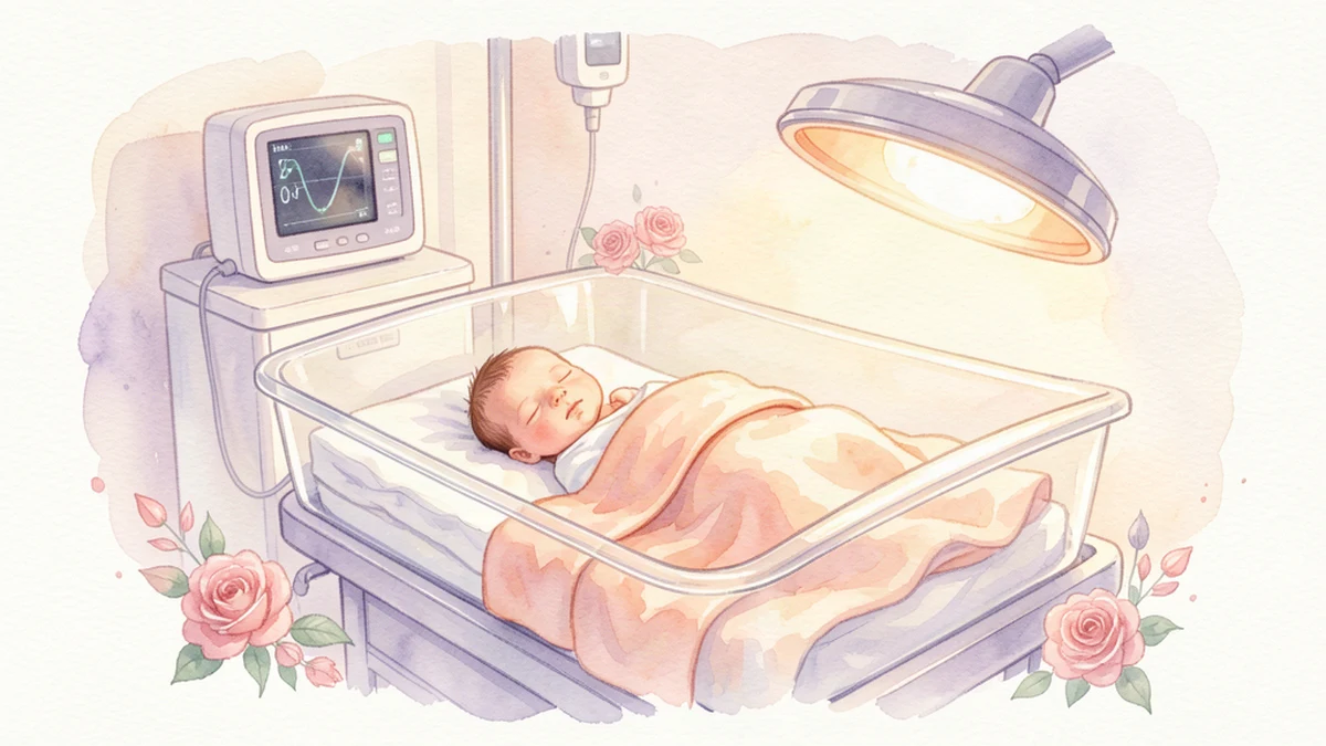 Newborn baby sleeping in hospital bassinet with warm blanket, soft watercolor illustration in cream and lavender tones, peaceful hospital setting