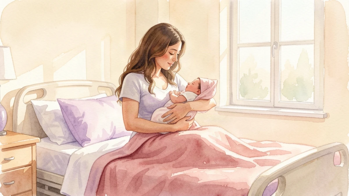 Newborn placed on mother's chest for immediate skin-to-skin contact after birth, warm hospital room with soft cream and lavender tones, watercolor illustration style