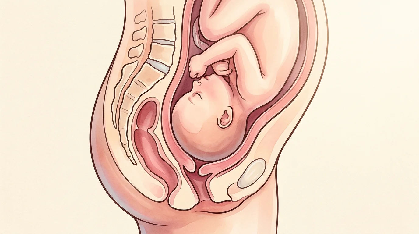 Descent: baby's head moving through the mid-pelvis in a soft watercolor medical illustration