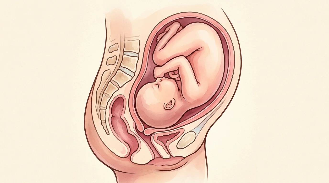 Flexion: baby's head showing maximum chin-to-chest flexion in the lower pelvis