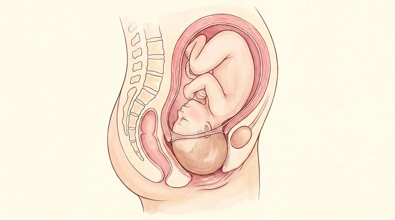 Crowning: baby's head extending at the pelvic outlet, beginning to emerge
