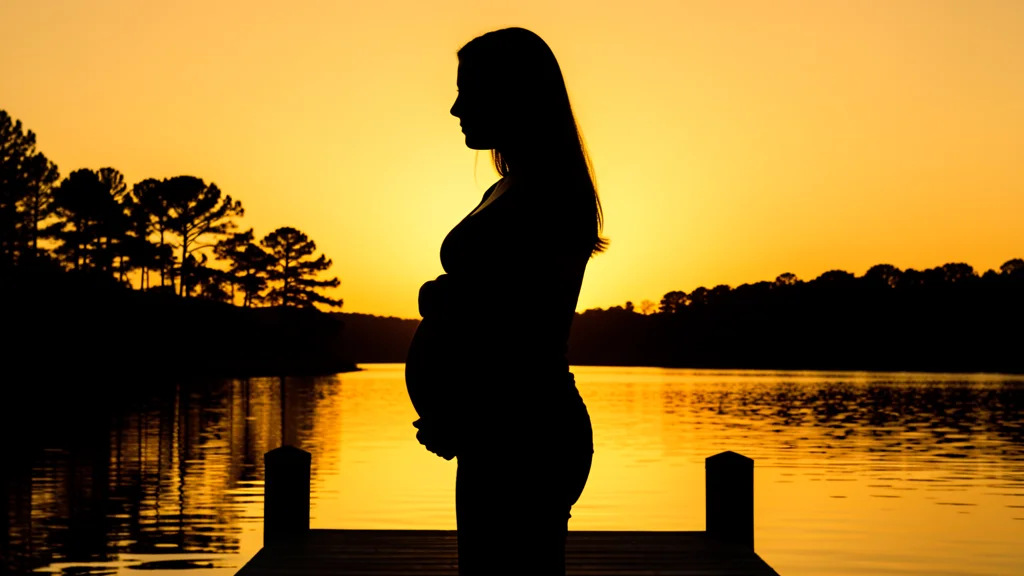 Pregnant woman silhouette overlooking Lake Conroe at sunset