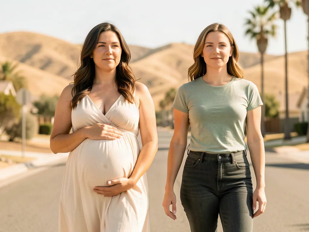 A doula supporting an expectant mom on a sunny Corona, California street with the Cleveland National Forest hills and palm trees in the background