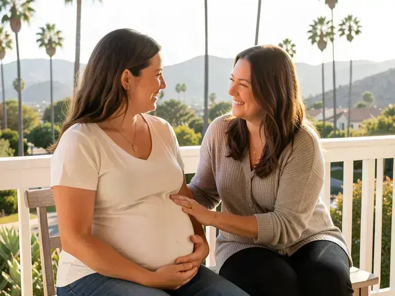 A doula supporting an expectant mom on a sunny Corona, California street with the Cleveland National Forest hills and palm trees in the background