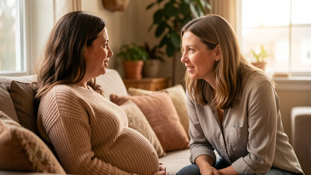 A doula listening attentively to a pregnant client during a prenatal visit, offering emotional support and guidance
