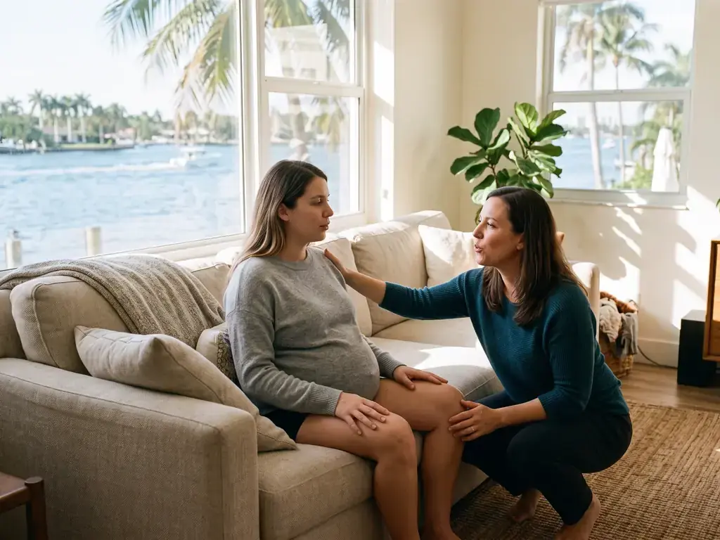 A doula walking beside a pregnant partner along the Fort Lauderdale riverwalk: local birth support and doula care