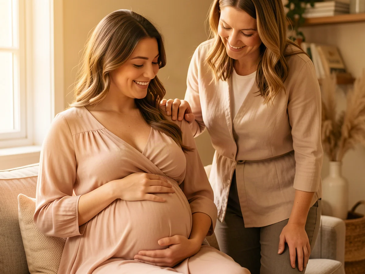A doula providing comfort and support to a pregnant mom in Frisco with warm golden light