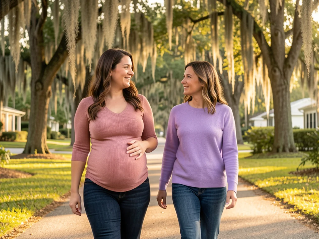A doula supporting an expectant mom in Gainesville with Spanish moss and live oaks