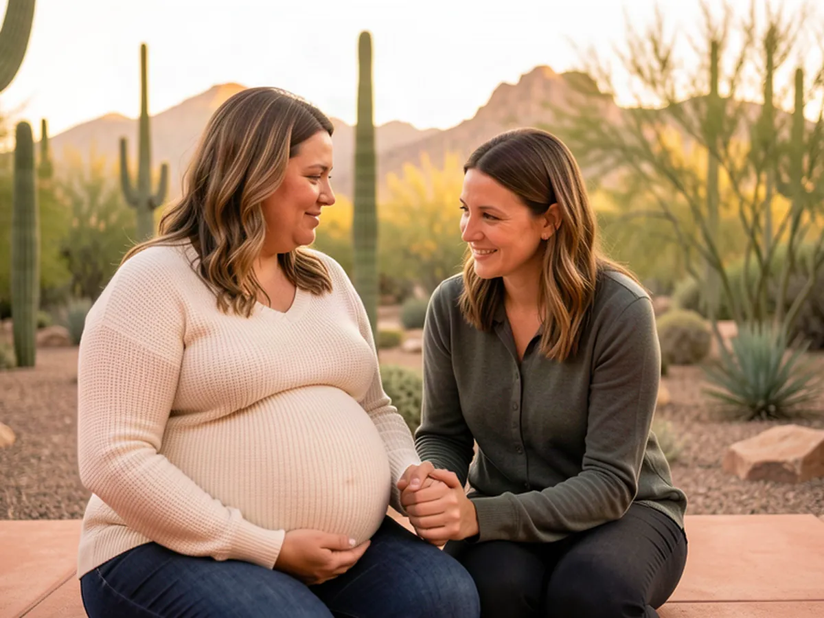 A doula supporting an expectant mom on a Sonoran patio in Glendale: West Valley Arizona birth support and doula care