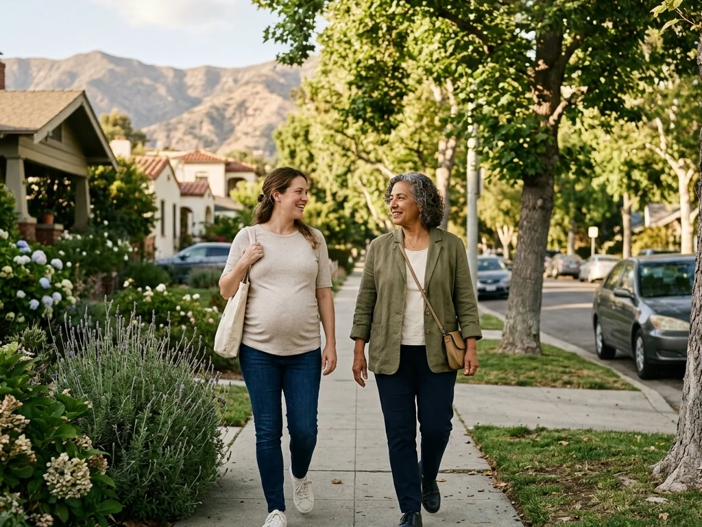 A doula walking alongside an expectant mom near Brand Boulevard in Glendale, with the Verdugo Mountains in the distance