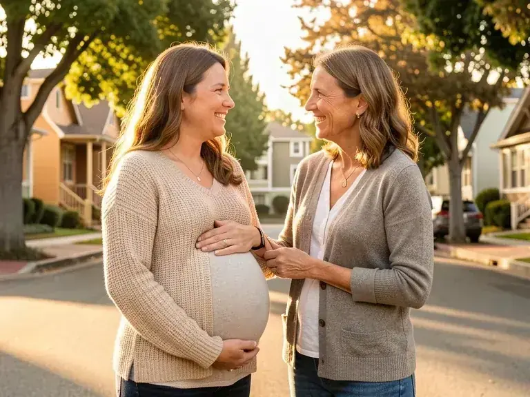 A doula supporting an expectant mom strolling through Hayward: East Bay birth support over the San Francisco hills