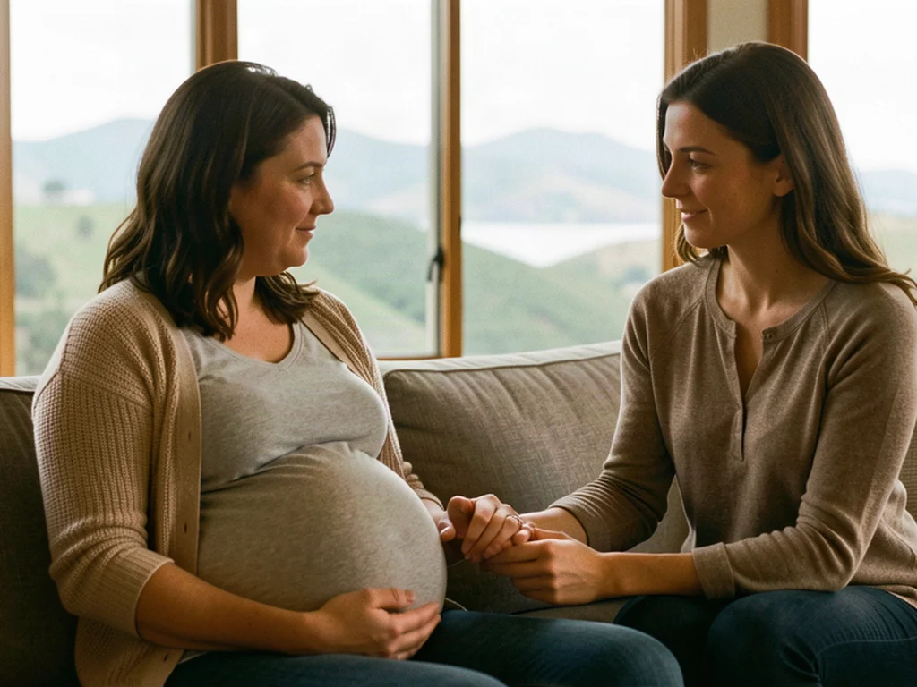 A doula supporting an expectant mom strolling through Hayward: East Bay birth support over the San Francisco hills