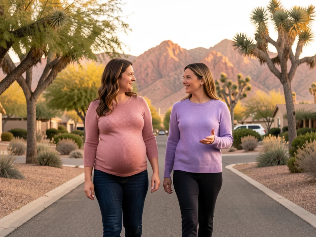A doula supporting an expectant mom in Henderson with Nevada desert landscape nearby