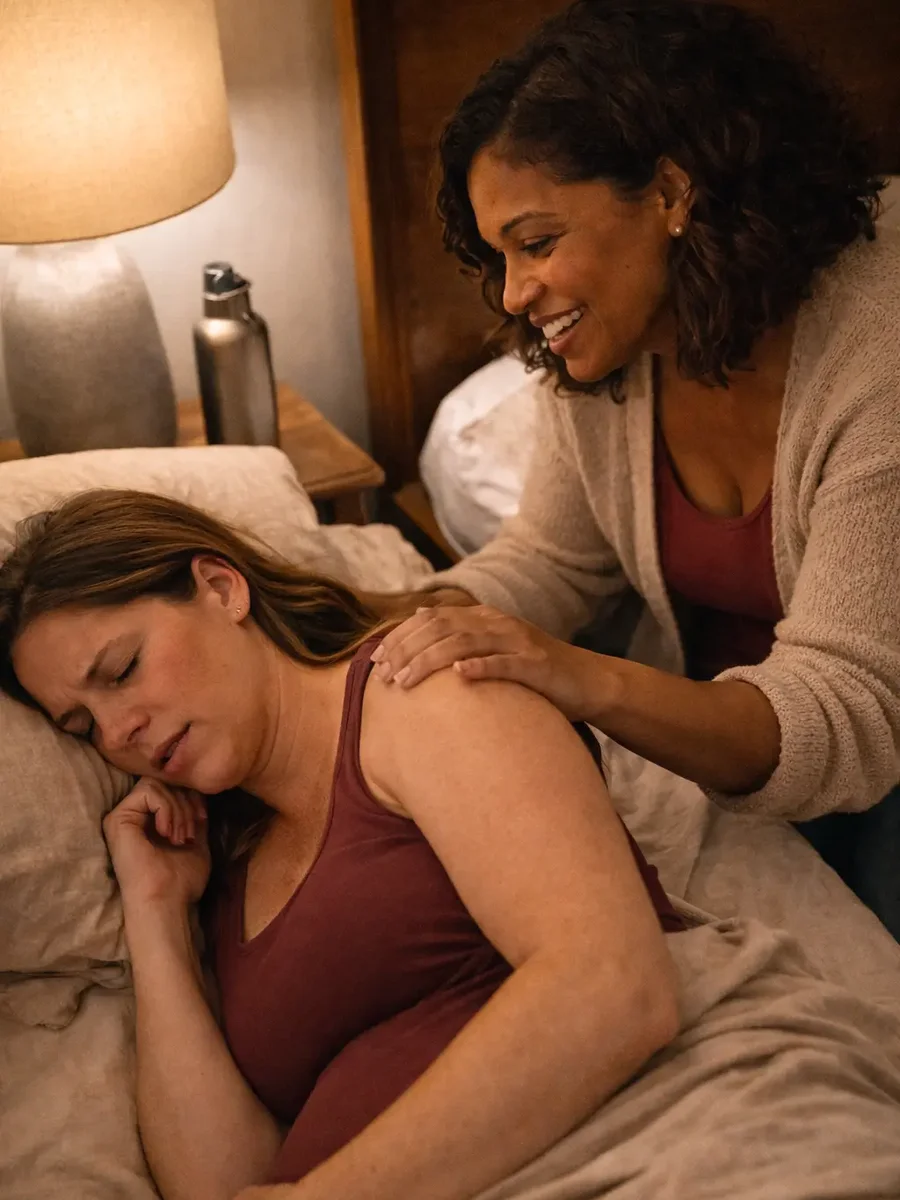 A birth doula providing counter-pressure and comfort support during labor