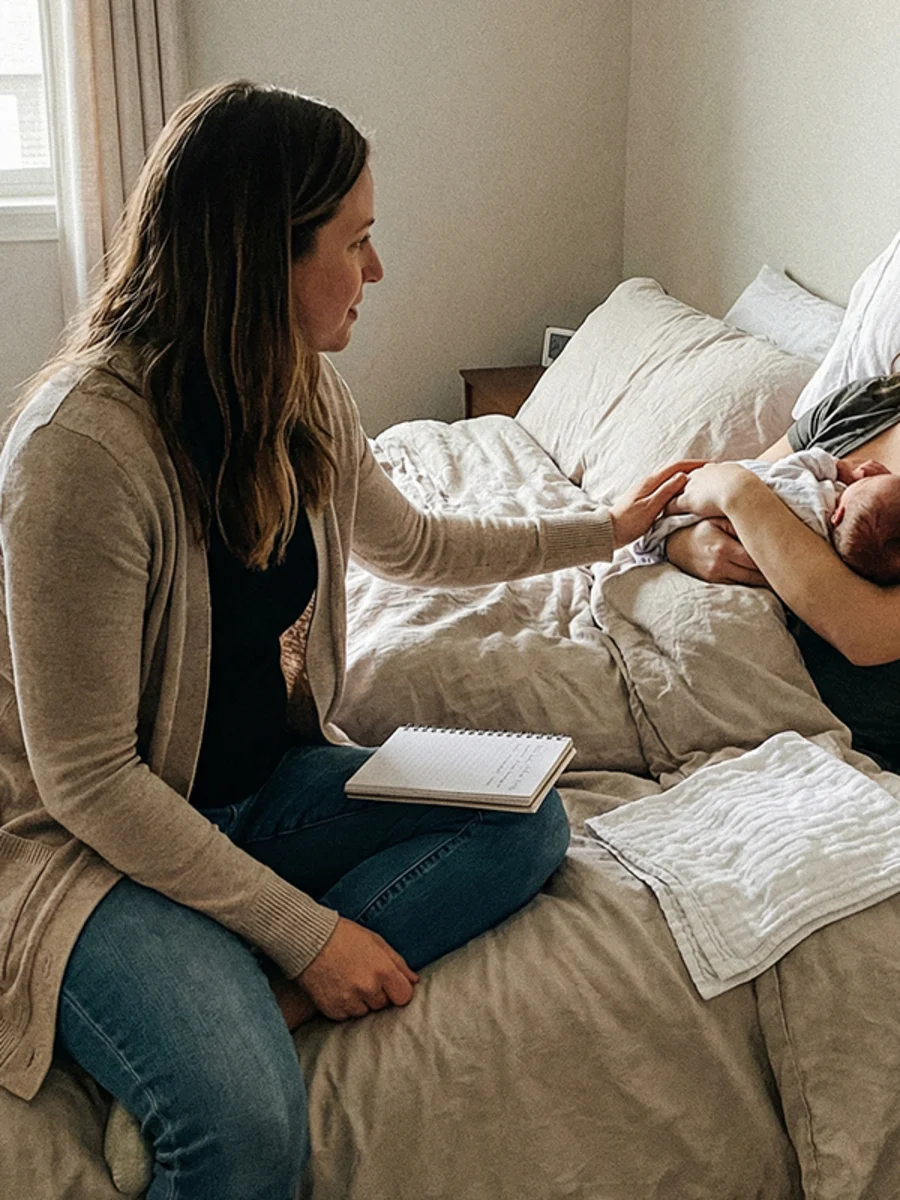 A postpartum doula providing gentle support to a new mother and newborn at home