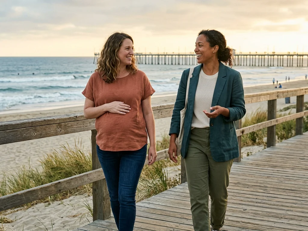 A doula walking alongside an expectant mom on the Huntington Beach pier at sunset, with the Pacific Ocean stretching to the horizon