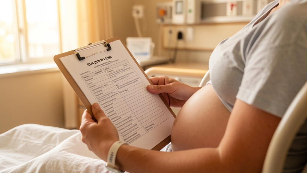 Close-up of a pregnant woman holding a birth plan form on a clipboard