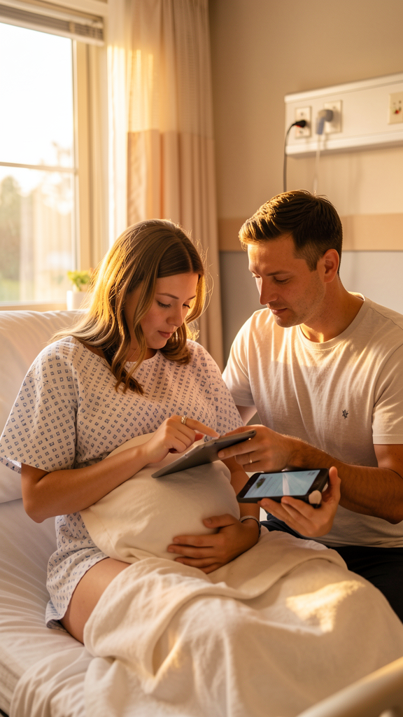Support partner looking at a tablet with pregnant woman in hospital bed