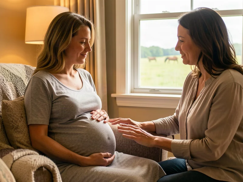 A doula supporting an expectant mom in a warm home setting in Lexington, Kentucky, with bluegrass horse country visible through the window