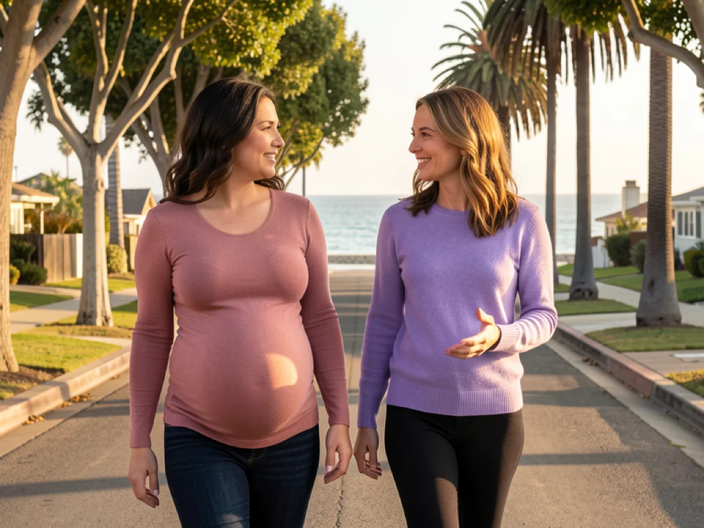 A doula walking with a pregnant mom in Long Beach with the Pacific Ocean nearby