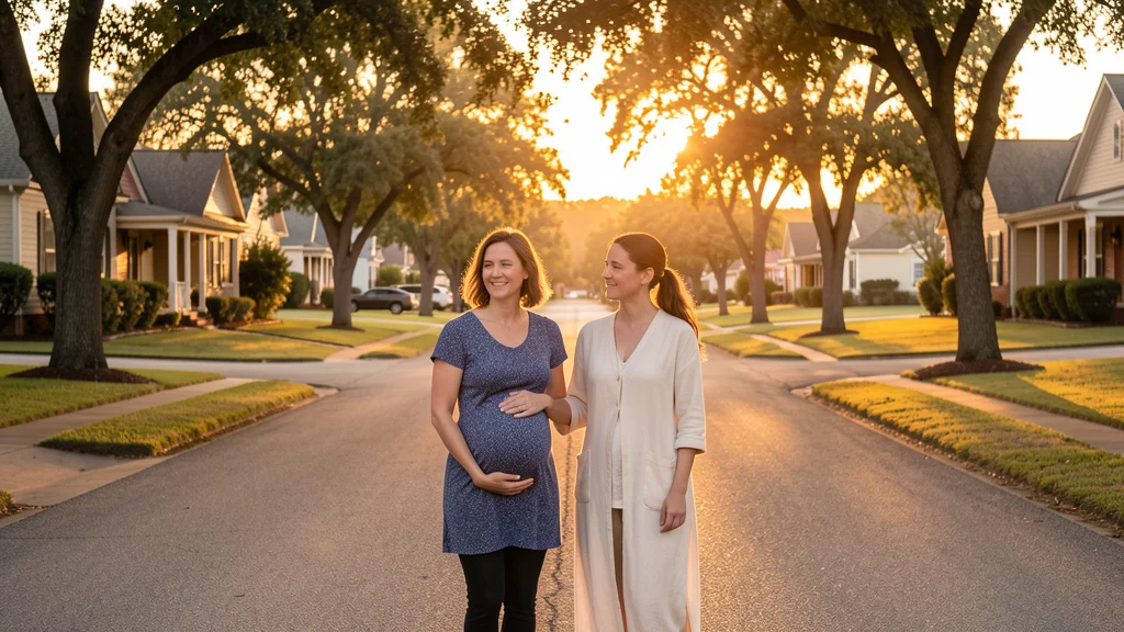 A doula supporting a pregnant woman on a quiet walk in a McKinney neighborhood with historic homes in the background