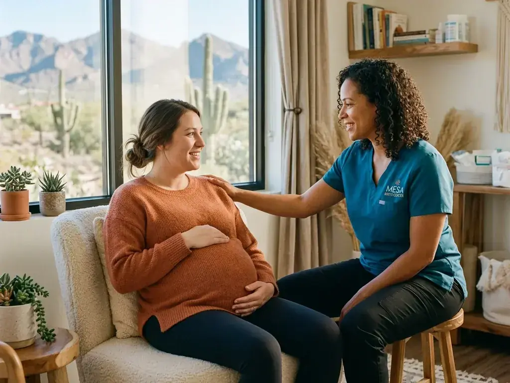 A professional doula supporting a pregnant woman during labor in Mesa, Arizona