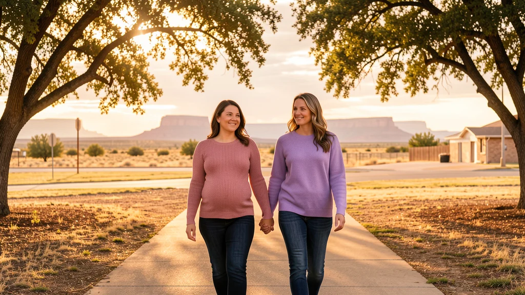 Two women walking side by side in Midland with West Texas plains in the distance