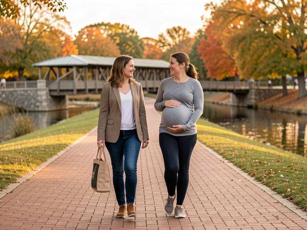 A doula supporting a pregnant mother during labor in a warm Naperville, Illinois home setting
