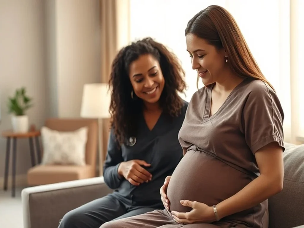 A doula supporting a pregnant mother during labor in a warm Naperville, Illinois home setting