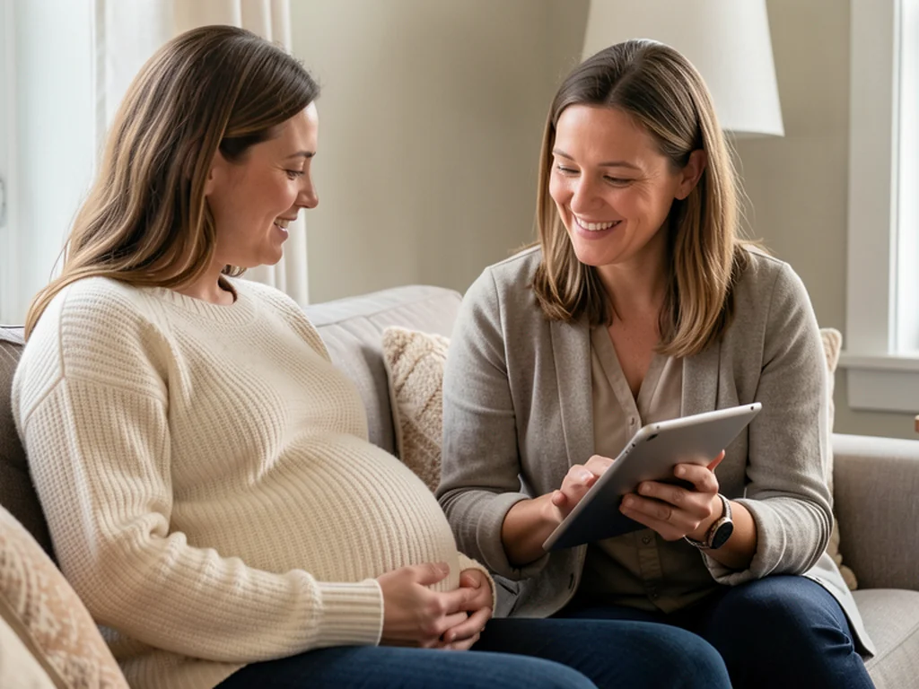 A pregnant woman meeting with her doula in a cozy New Haven living room, reviewing a birth plan together