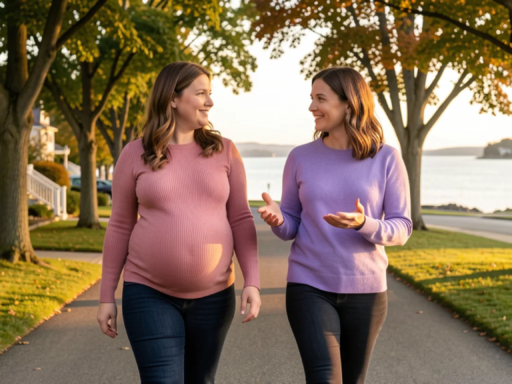 A doula walking alongside a pregnant mom in Norwalk, Connecticut near the coast
