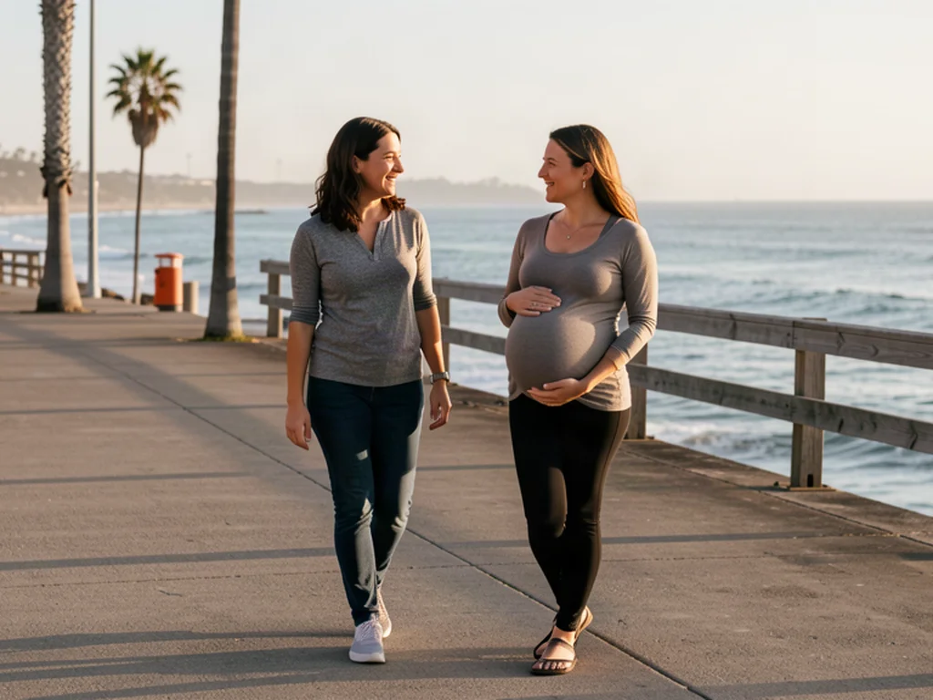 A doula walking alongside an expectant mom near the Oceanside Pier in Oceanside, California
