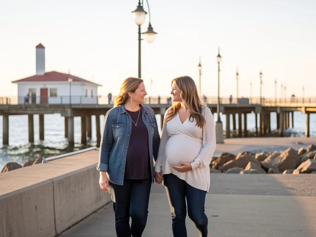 A doula walking alongside an expectant mom near the Oceanside Pier in Oceanside, California