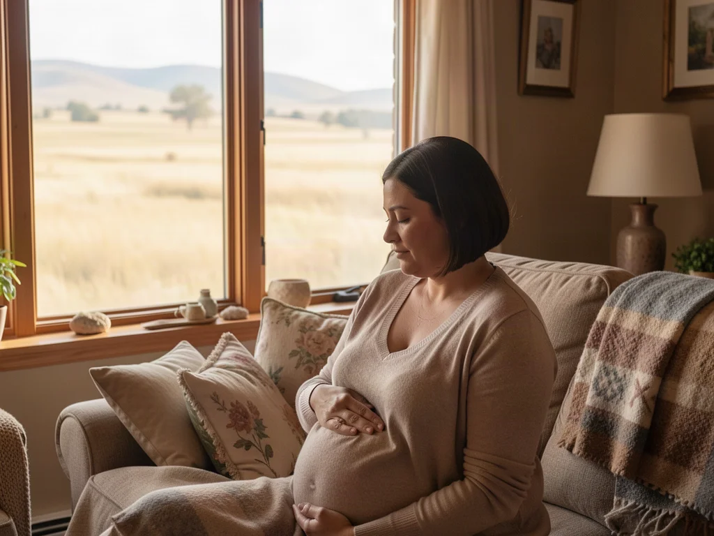 A doula supporting an expectant mom in a warm home setting in Omaha, Nebraska, with prairie landscape visible through the window
