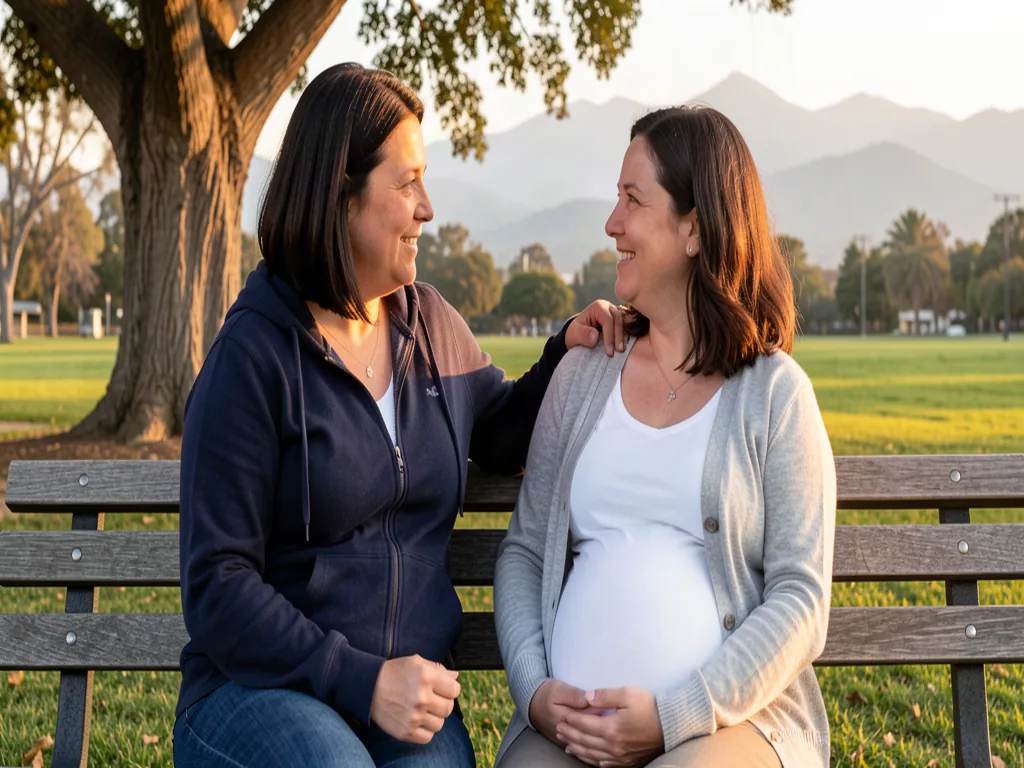 A doula walking alongside an expectant mom beneath the oaks near the Colorado Street Bridge in Pasadena, California, with the San Gabriel Mountains in the distance