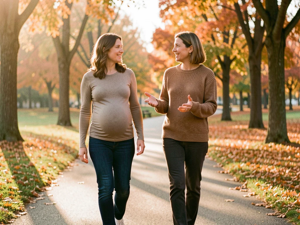 A doula walking with an expectant mom through Schenley Park in Pittsburgh, Pennsylvania