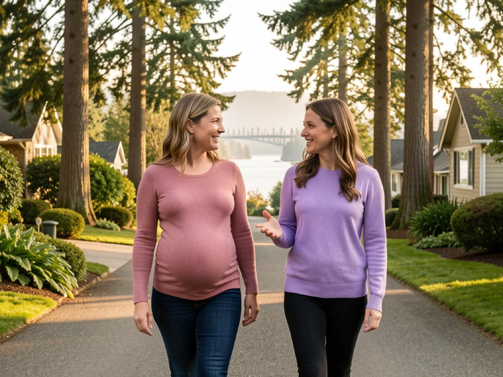 A doula walking with a pregnant mom in Portland with Willamette River and Douglas firs