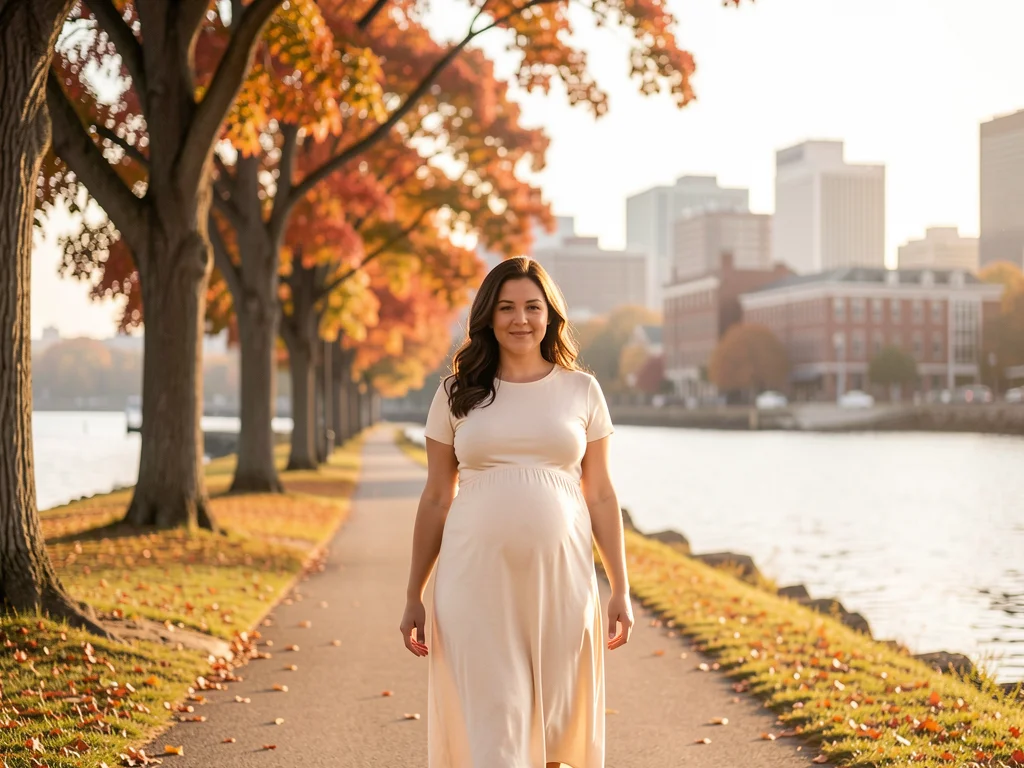 A pregnant woman walking along the waterfront at India Point Park in Providence, Rhode Island. New England fall foliage and Narragansett Bay