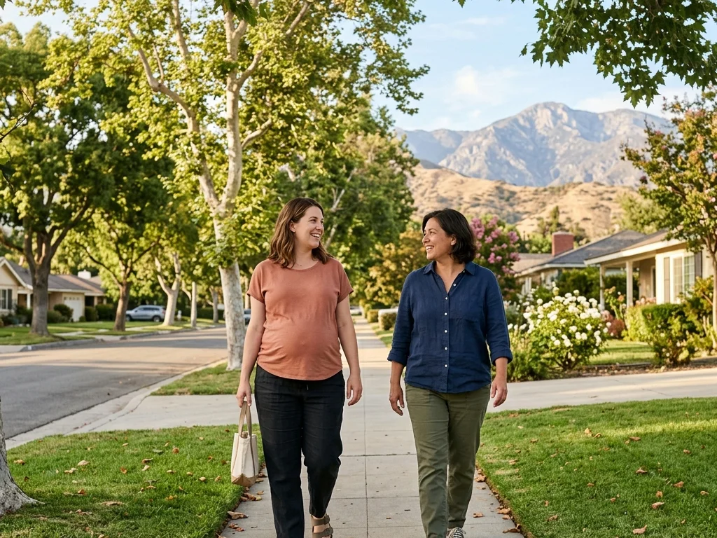 A doula walking alongside an expectant mom on the Pacific Electric Trail in Rancho Cucamonga, with the San Gabriel Mountains in the distance