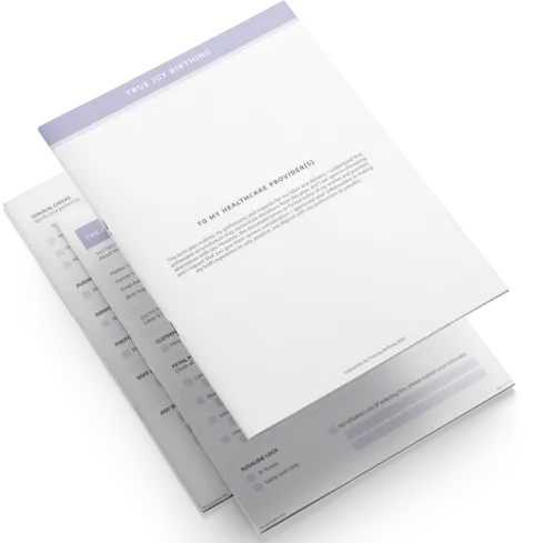 Joyful Birth Plan booklet preview showing structured cover page for labor, delivery, postpartum, and newborn care